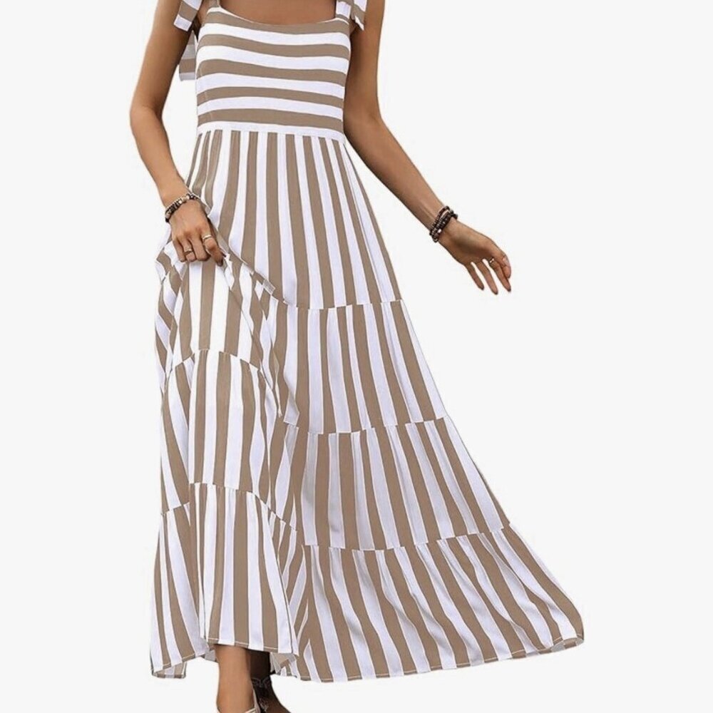 Fashion Tiered Striped Maxi Dress Coastal Flowy Beach Long Size XL